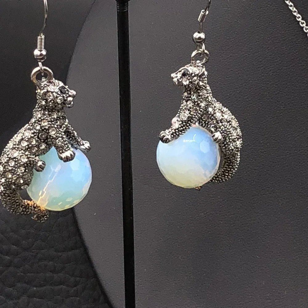 Crystal Cheetah Necklace and Pierced Earrings Set Jaguars Dancing on Glass Balls